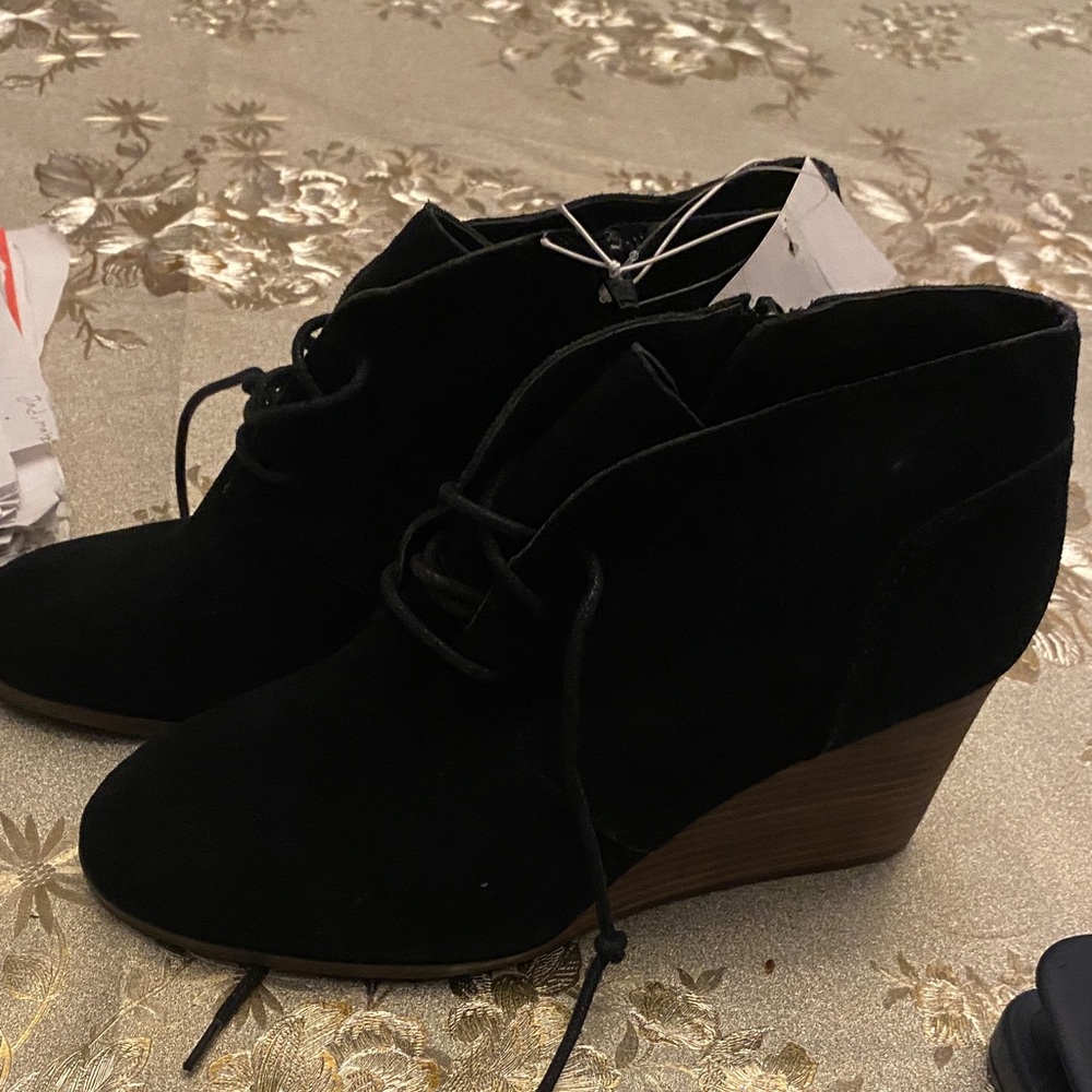 Lucky Brand Black Suede Lace-Up Wedge Ankle Booties